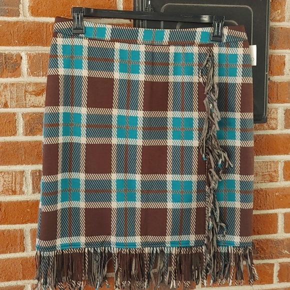 Cato Brown and Teal Plaid Fringe Skirt Size L - Picture 1 of 7
